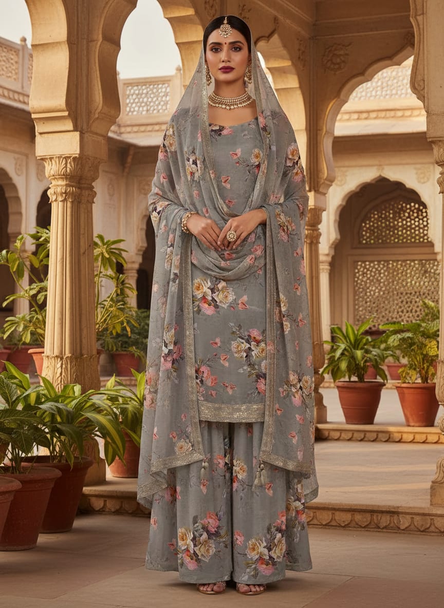 Grey Vintage Rose Floral Pure Chiffon Digital Printed Fabric