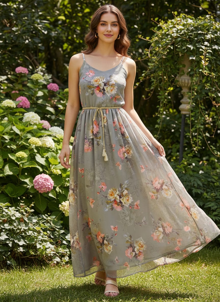 Grey Vintage Rose Floral Pure Chiffon Digital Printed Fabric