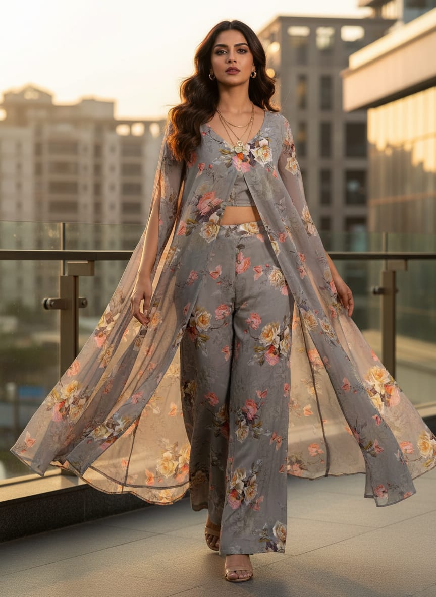 Grey Vintage Rose Floral Pure Chiffon Digital Printed Fabric