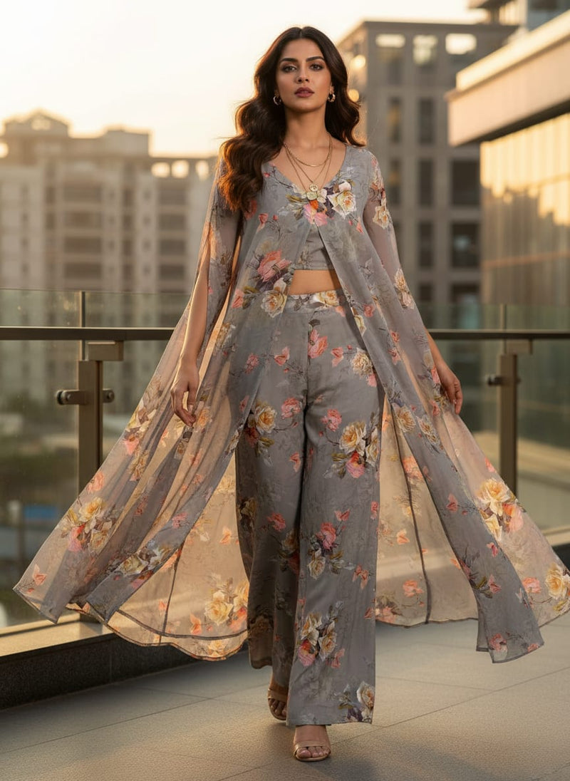 Grey Vintage Rose Floral Pure Chiffon Digital Printed Fabric