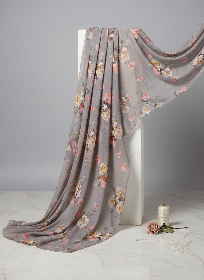 Grey Vintage Rose Floral Pure Chiffon Digital Printed Fabric