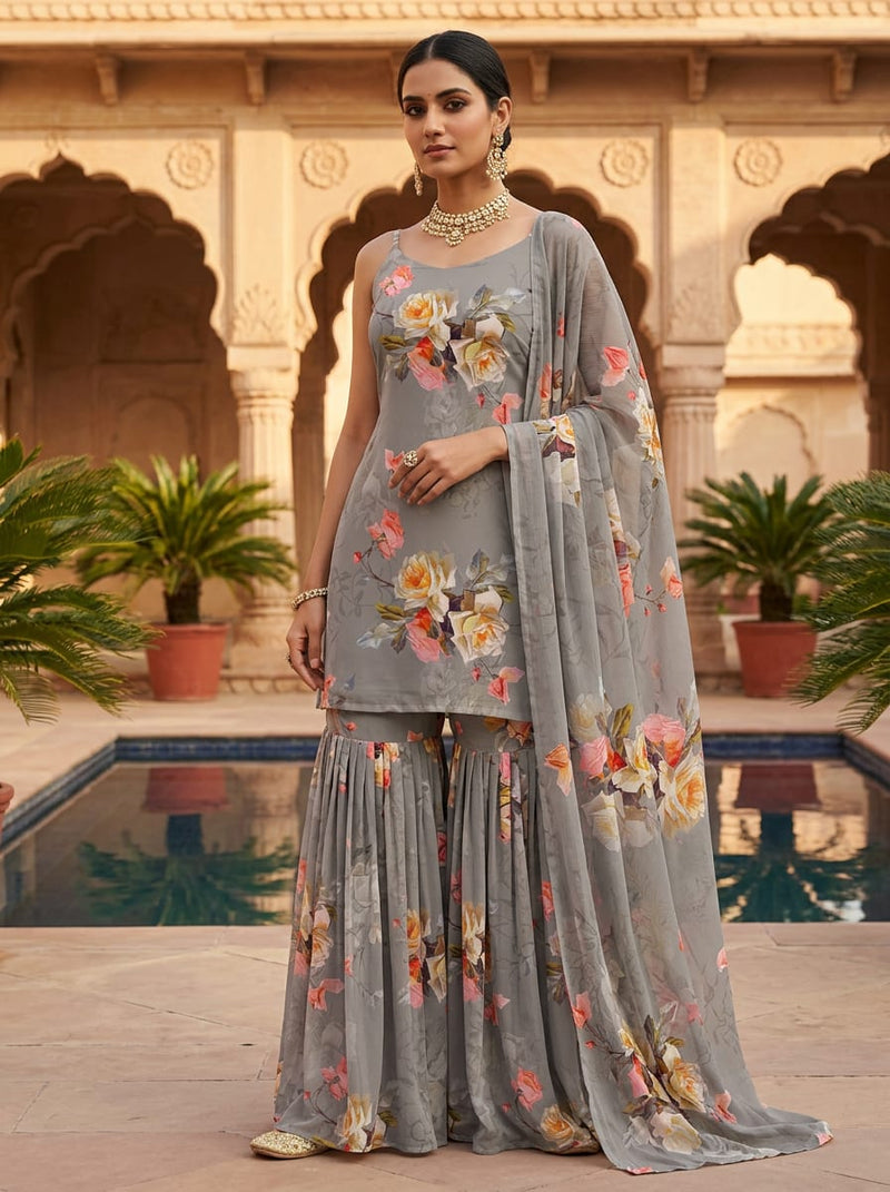 Grey Vintage Painterly Rose Floral Pure Georgette Digital Printed Fabric
