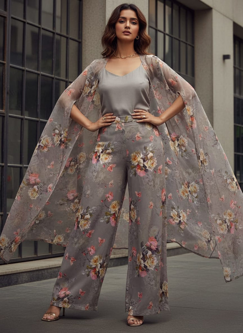 Pixel Floral Laying Over Grey Digital Printed Fabric