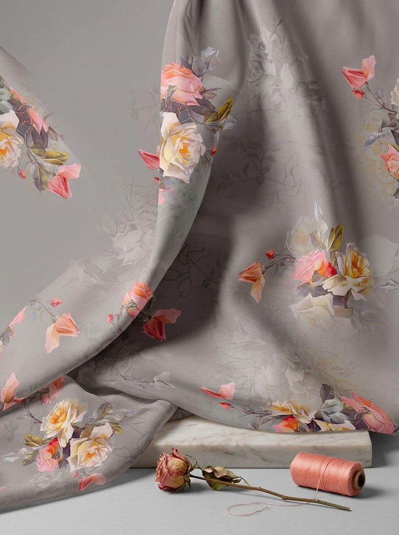 Grey Vintage Painterly Rose Floral Pure Georgette Digital Printed Fabric