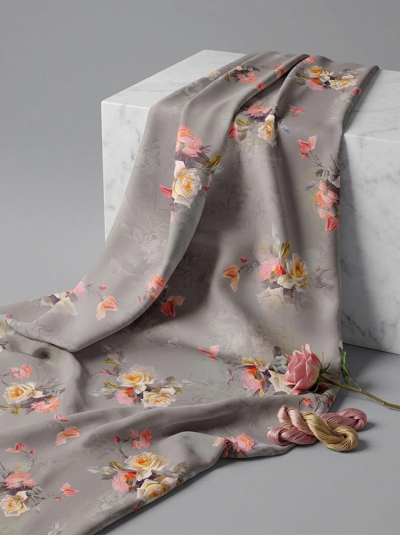 Grey Painterly Rose Floral Weightless Digital Printed Fabric