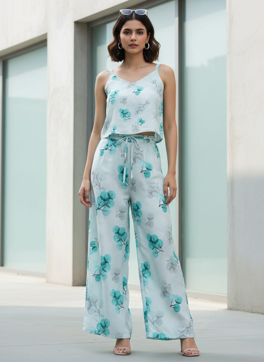 Teal Translucent Eucalyptus Leaf Pure Cotton Digital Printed Fabric