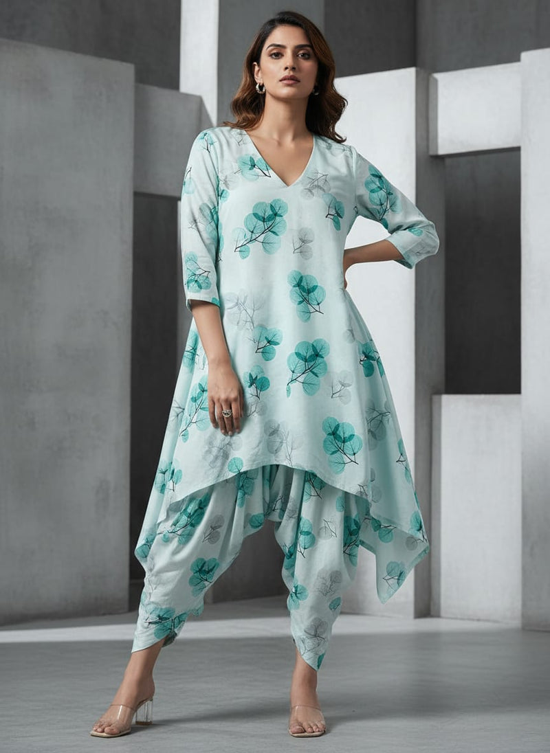 Teal Translucent Eucalyptus Leaf Pure Cotton Digital Printed Fabric