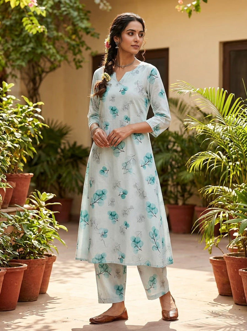 Teal Translucent Eucalyptus Leaf Pure Cotton Digital Printed Fabric