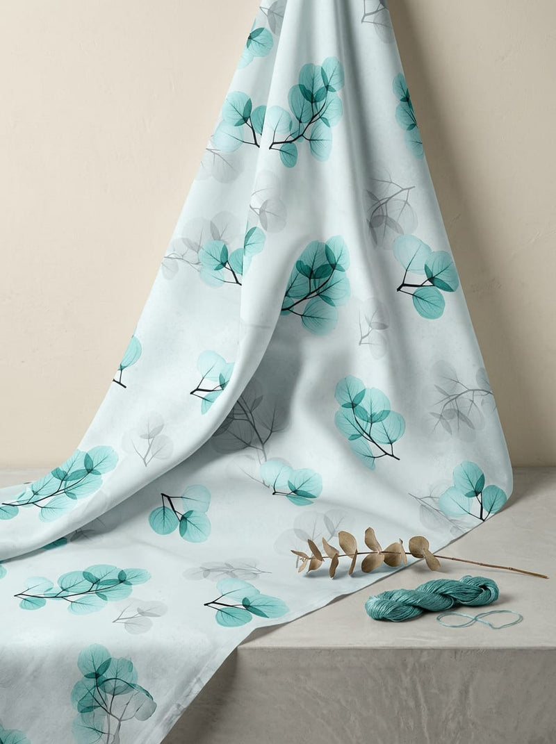 Teal Translucent Eucalyptus Leaf Pure Cotton Digital Printed Fabric