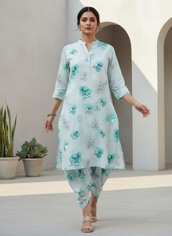 Teal Translucent Eucalyptus Leaf Pure Cotton Digital Printed Fabric - Dhoti Pants with Kurta Lookbook - PCO-0-0TA06265-108 - alternate view