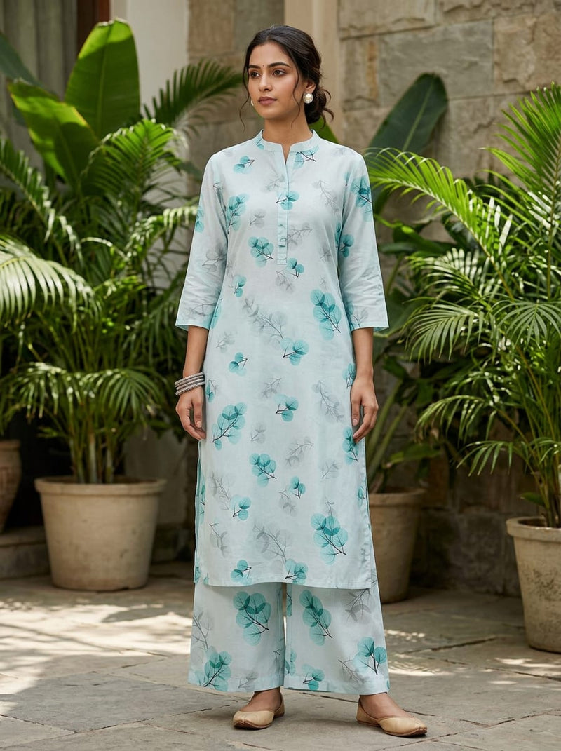 Teal Translucent Eucalyptus Leaves Muslin Digital Printed Fabric