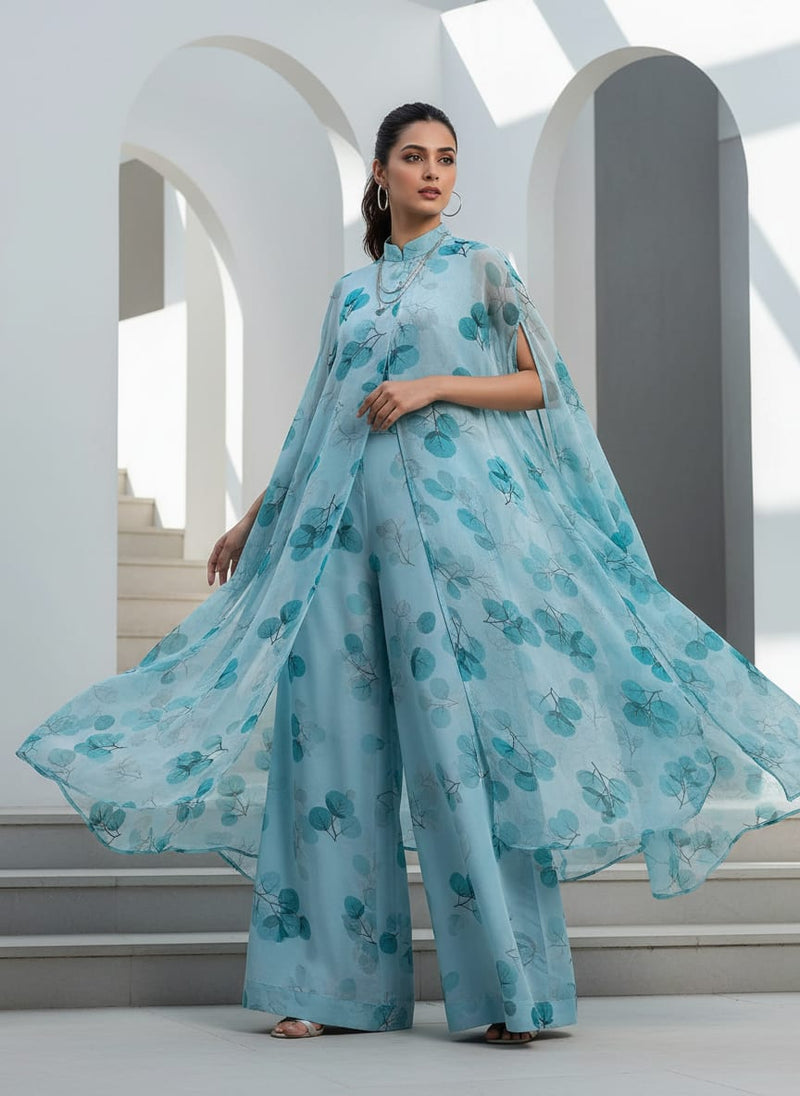 Blue Botanical Leaf Print Pure Chiffon Digital Printed Fabric