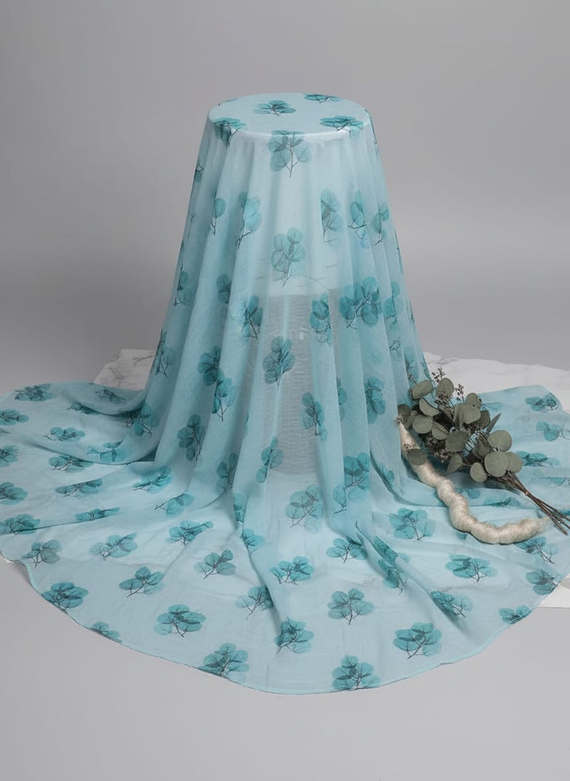 Blue Botanical Leaf Print Pure Chiffon Digital Printed Fabric