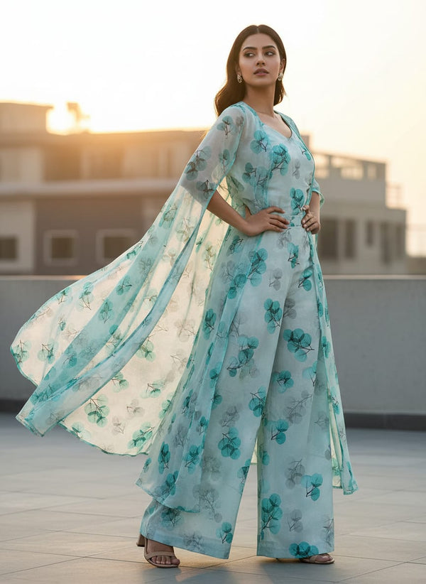 Teal Translucent Botanical Leaves Pure Chinon Digital Printed Fabric - Cape with Palazzo Lookbook - PC-0-TA06265-106 - alternate view