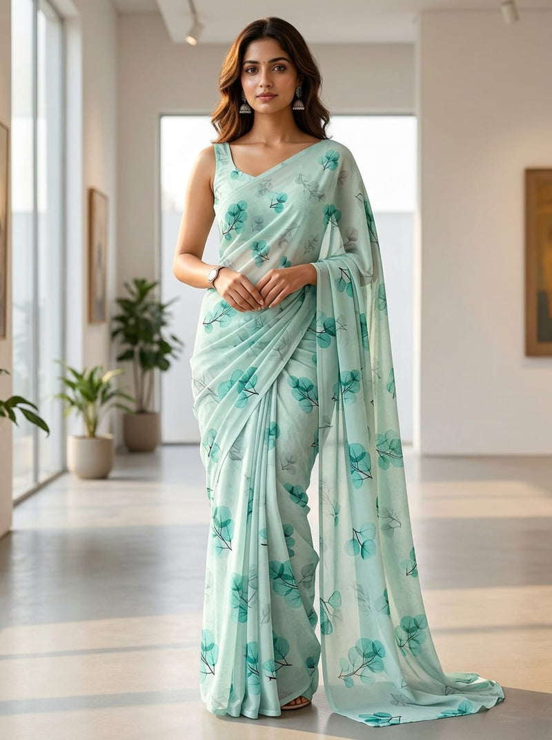 Grey Watercolor Eucalyptus Leaf Print Pure Georgette Digital Printed Fabric