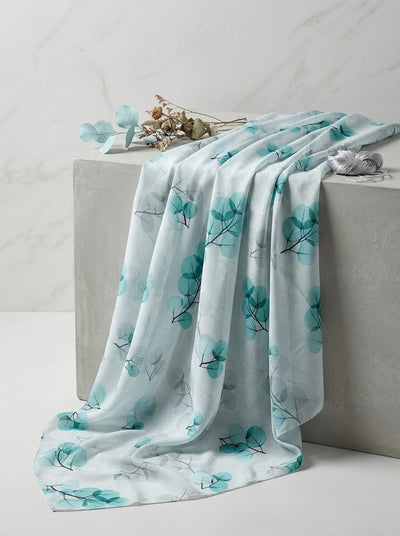 Teal Transparent Eucalyptus Leaf Weightless Digital Printed Fabric