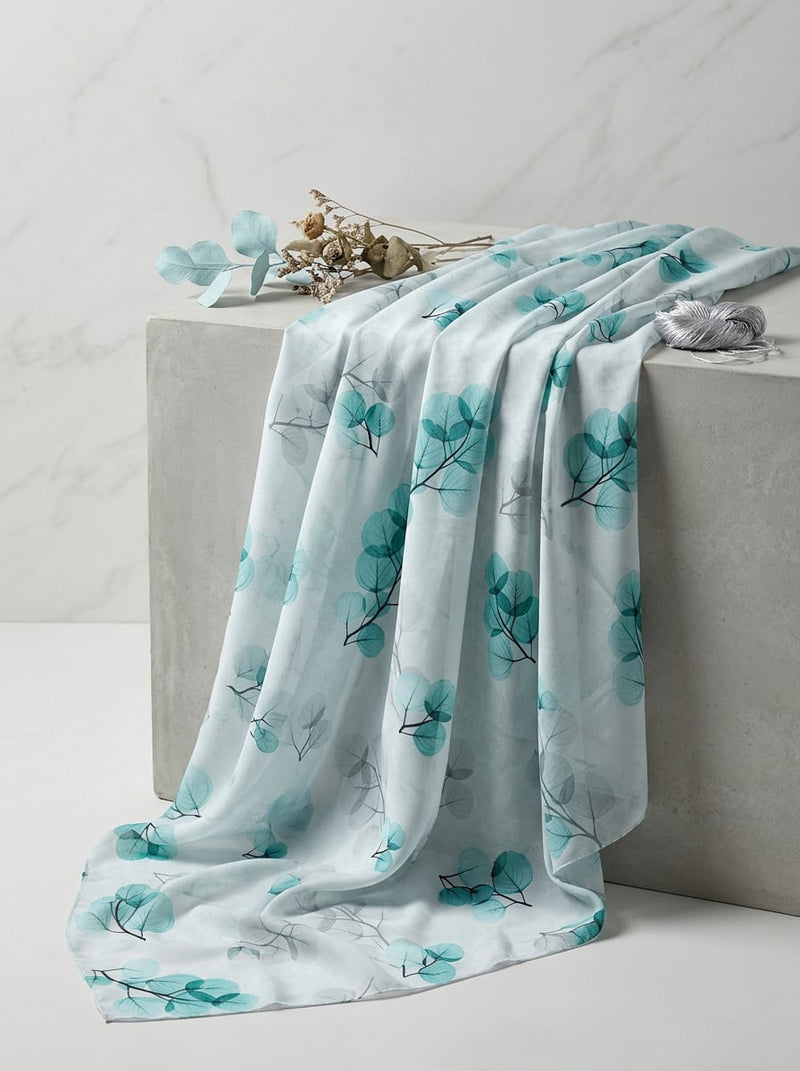 Teal Transparent Eucalyptus Leaf Weightless Digital Printed Fabric