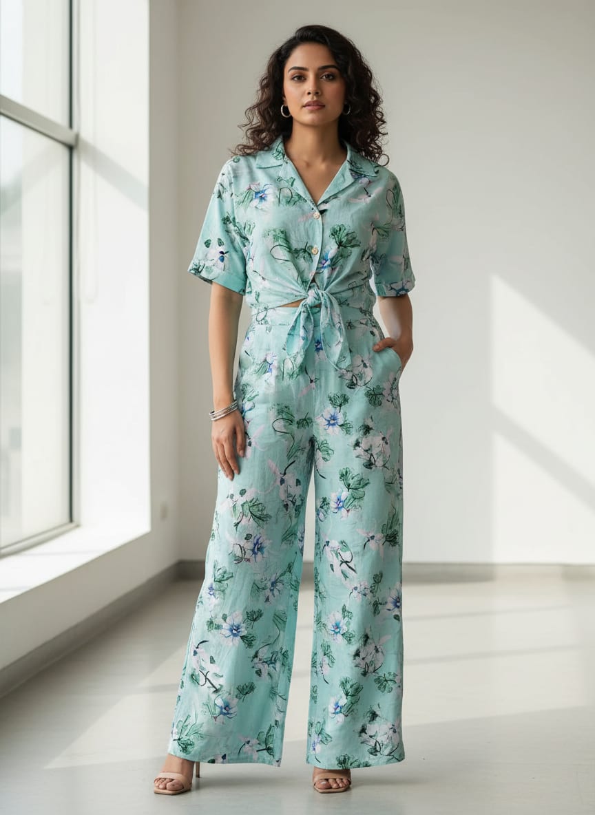 Teal Watercolor Floral Bloom Pure Cotton Digital Printed Fabric