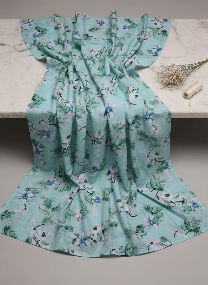 Teal Watercolor Floral Bloom Pure Cotton Digital Printed Fabric