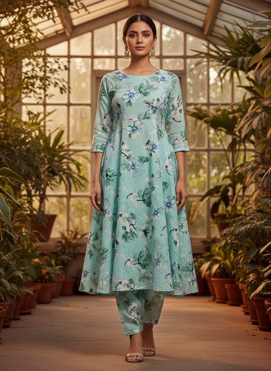 Teal Watercolor Floral Bloom Pure Cotton Digital Printed Fabric