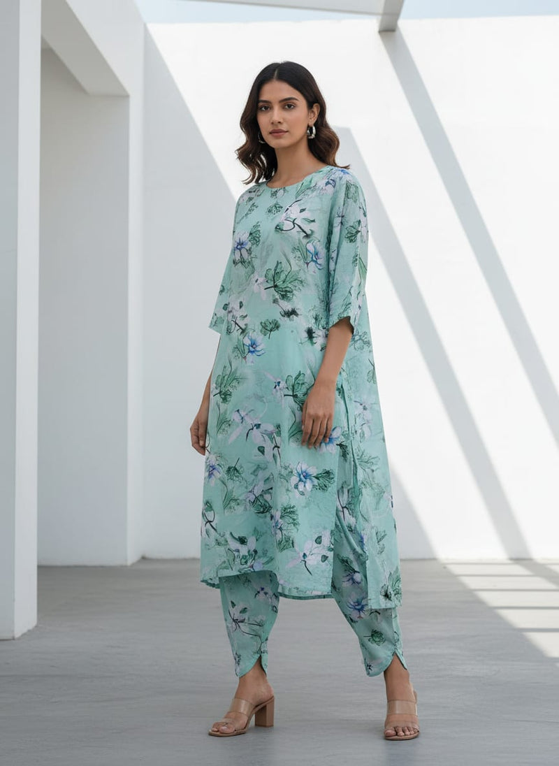 Teal Watercolor Floral Bloom Pure Cotton Digital Printed Fabric
