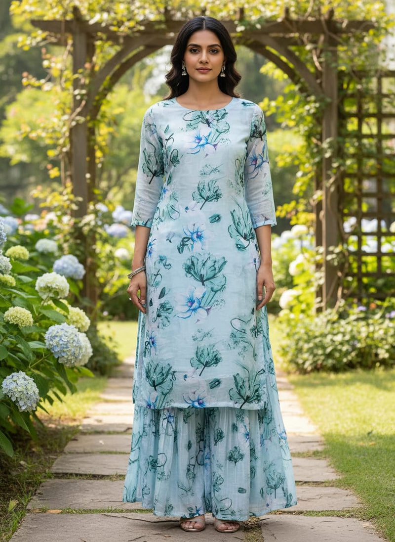 Blue Watercolor Orchid Floral Muslin Digital Printed Fabric