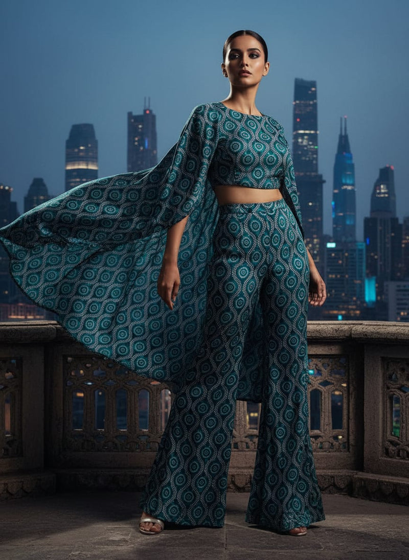 Navy Ethnic Geometric Medallion Silk Crepe Digital Printed Fabric