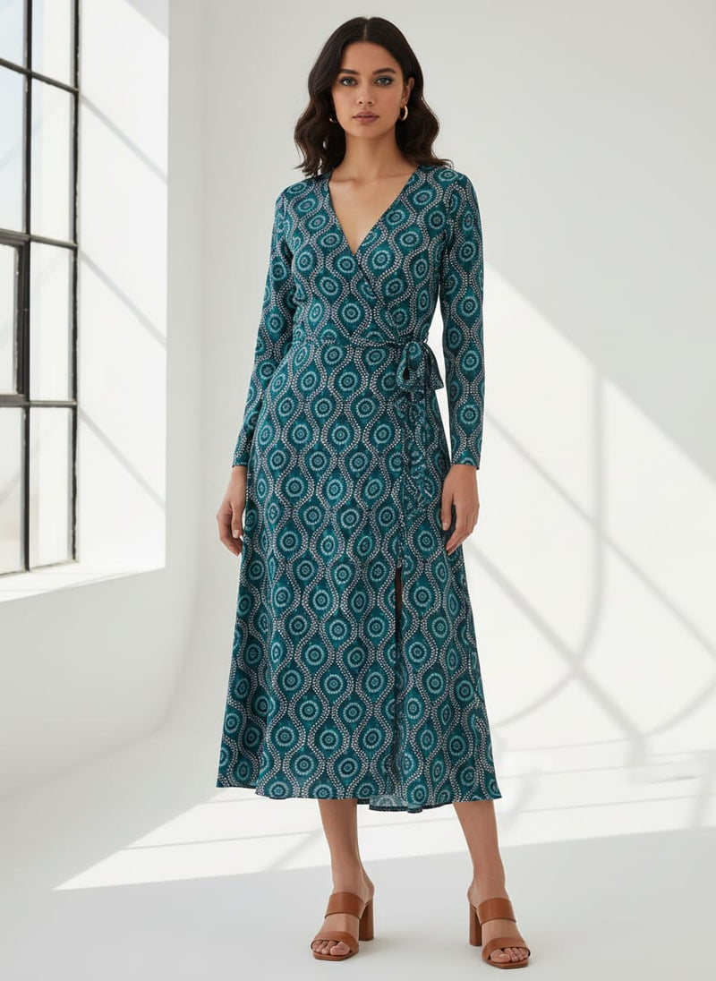 Navy Ethnic Geometric Medallion Silk Crepe Digital Printed Fabric
