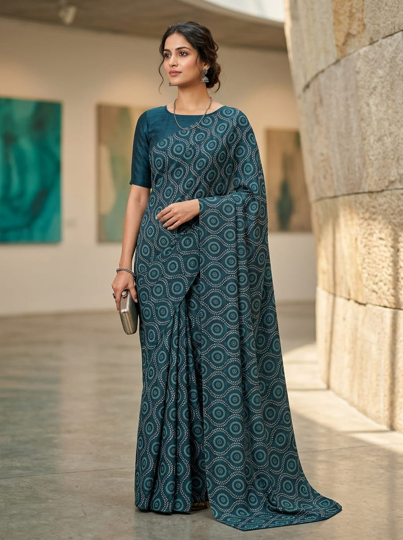 Navy Ethnic Geometric Medallion Silk Crepe Digital Printed Fabric