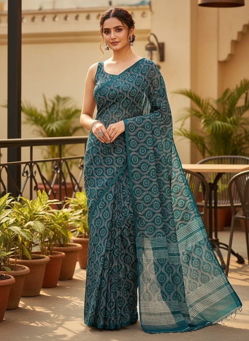 Navy Ethnic Geometric Medallion Kora Silk Digital Printed Fabric