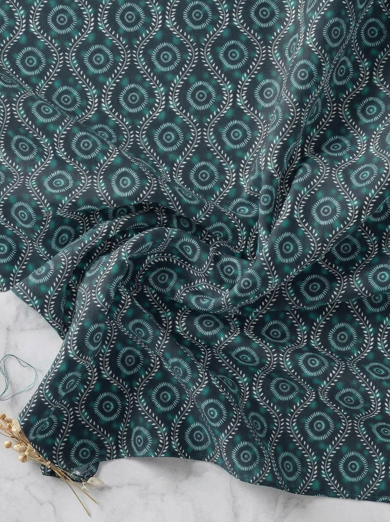 Navy Ethnic Geometric Medallion Kora Silk Digital Printed Fabric
