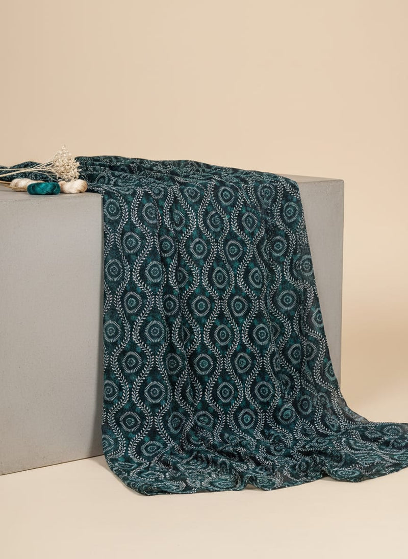 Teal Ethnic Medallion Vine Pattern Pure Chiffon Digital Printed Fabric