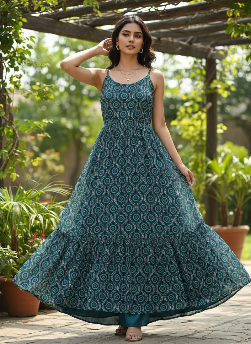 Teal Ethnic Medallion Vine Pattern Pure Chiffon Digital Printed Fabric