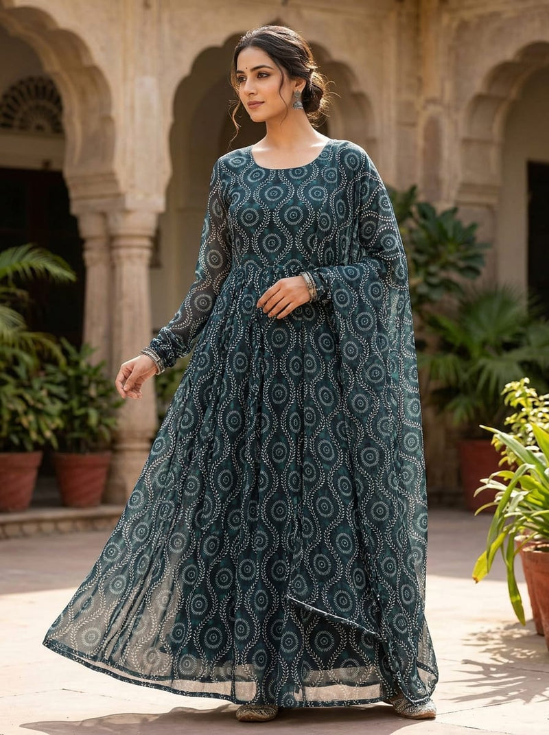 Teal Ethnic Medallion Vine Pattern Pure Chiffon Digital Printed Fabric
