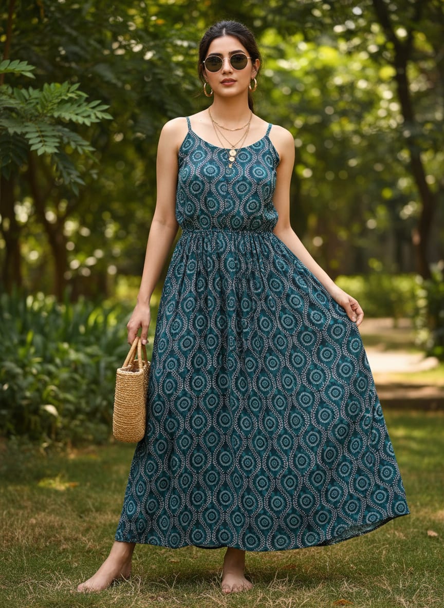 Navy Ethnic Geometric Ogee Pattern Pure Chinon Digital Printed Fabric