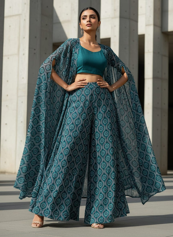 Navy Ethnic Geometric Ogee Pattern Pure Chinon Digital Printed Fabric - Cape with Palazzo Lookbook - PC-0-TA01074-106 - alternate view