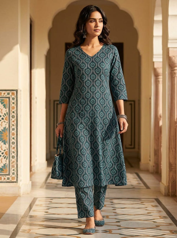 Navy Ethnic Geometric Medallion Pure Cotton Digital Printed Fabric - A-Line Kurta with Salwar Lookbook - PCO-0-TA01074-108 - alternate view