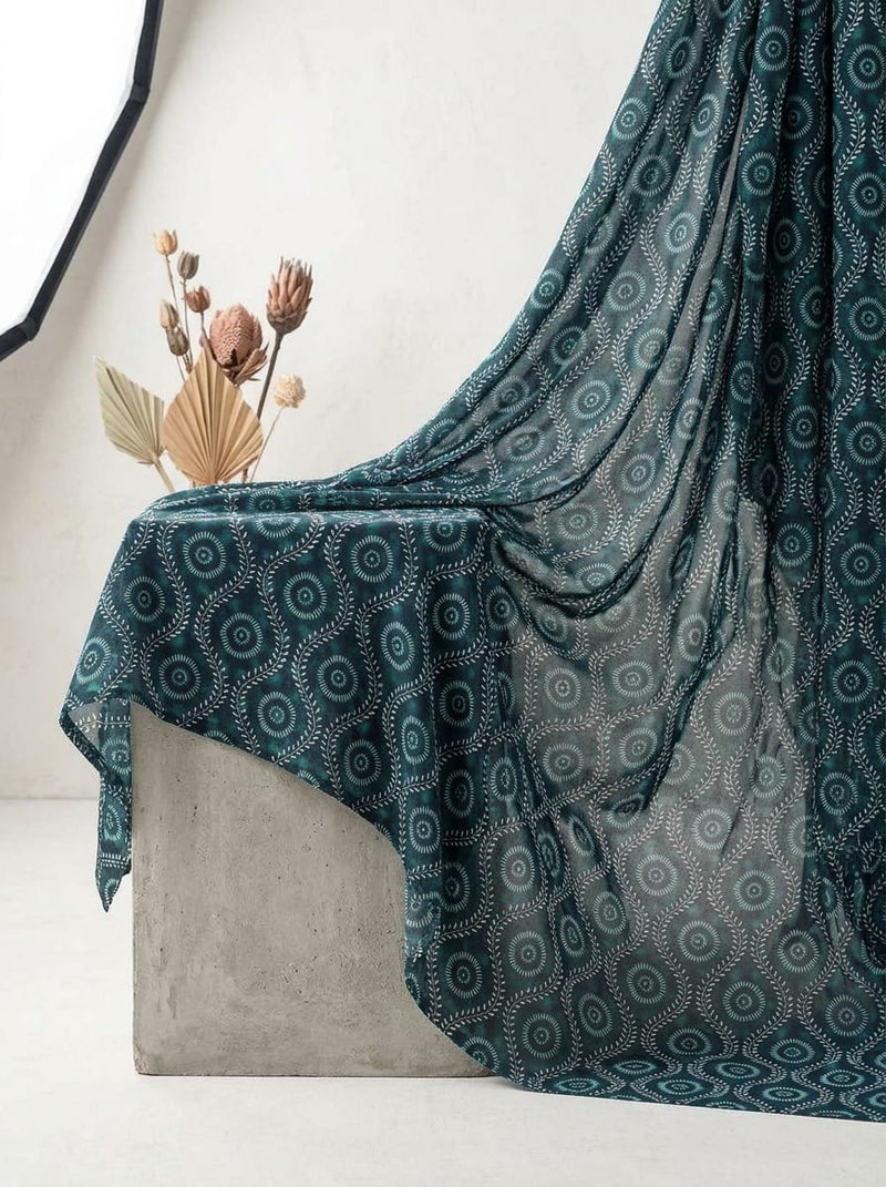 Navy Ethnic Medallion and Vine Pattern Pure Georgette Digital Printed Fabric