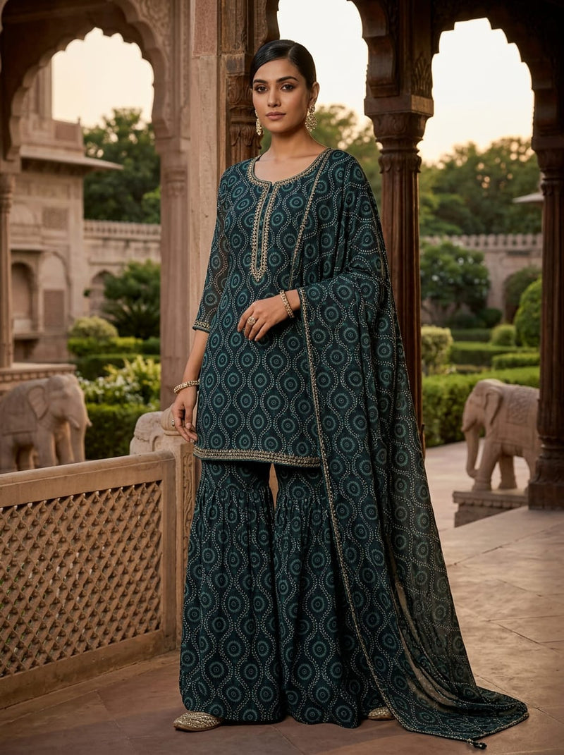 Navy Ethnic Medallion and Vine Pattern Pure Georgette Digital Printed Fabric