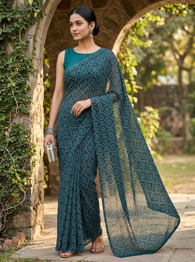 Navy Ethnic Medallion and Vine Pattern Pure Georgette Digital Printed Fabric