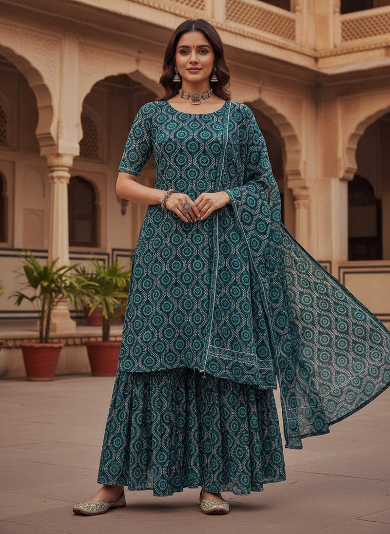 Navy Ethnic Medallion and Vine Pattern Pure Georgette Digital Printed Fabric