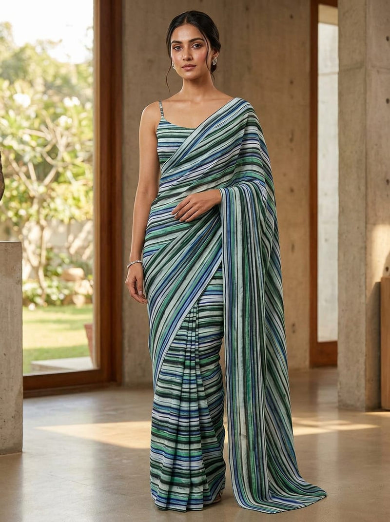 Multicolor Abstract Brushstroke Stripes Silk Crepe Digital Printed Fabric