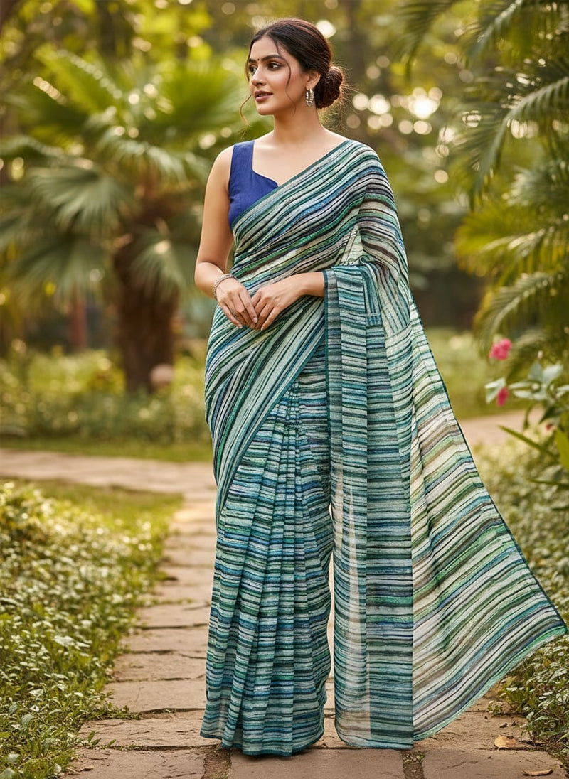 Multicolor Wavy Brushstroke Stripes Kora Silk Digital Printed Fabric