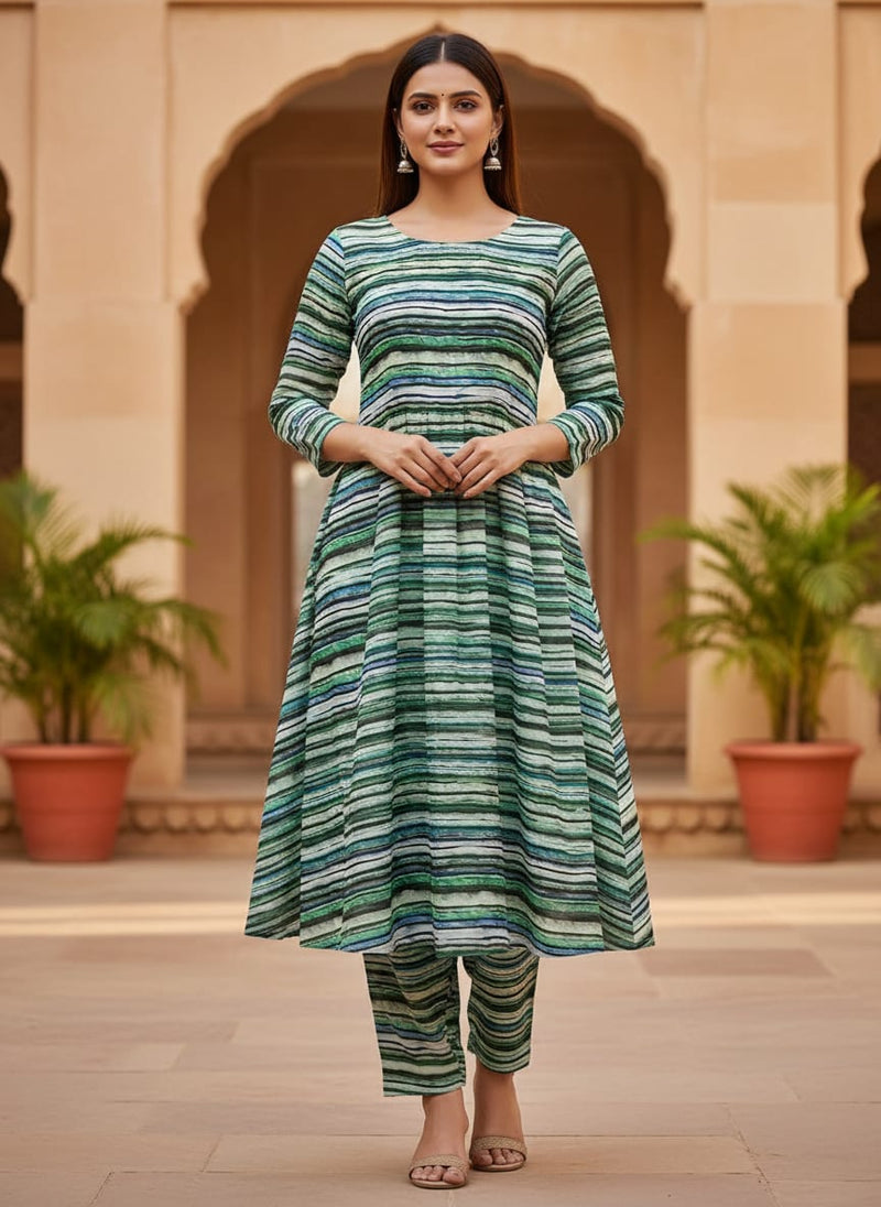Multicolor Wavy Brushstroke Stripes Kora Silk Digital Printed Fabric