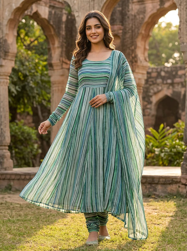 Green Abstract Watercolor Stripes Pure Chiffon Digital Printed Fabric - Anarkali Kurta Set Lookbook - PCH-0-TA01242-96 - alternate view