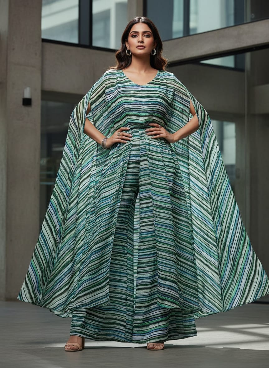 Multicolor Abstract Wavy Stripes Pure Georgette Digital Printed Fabric