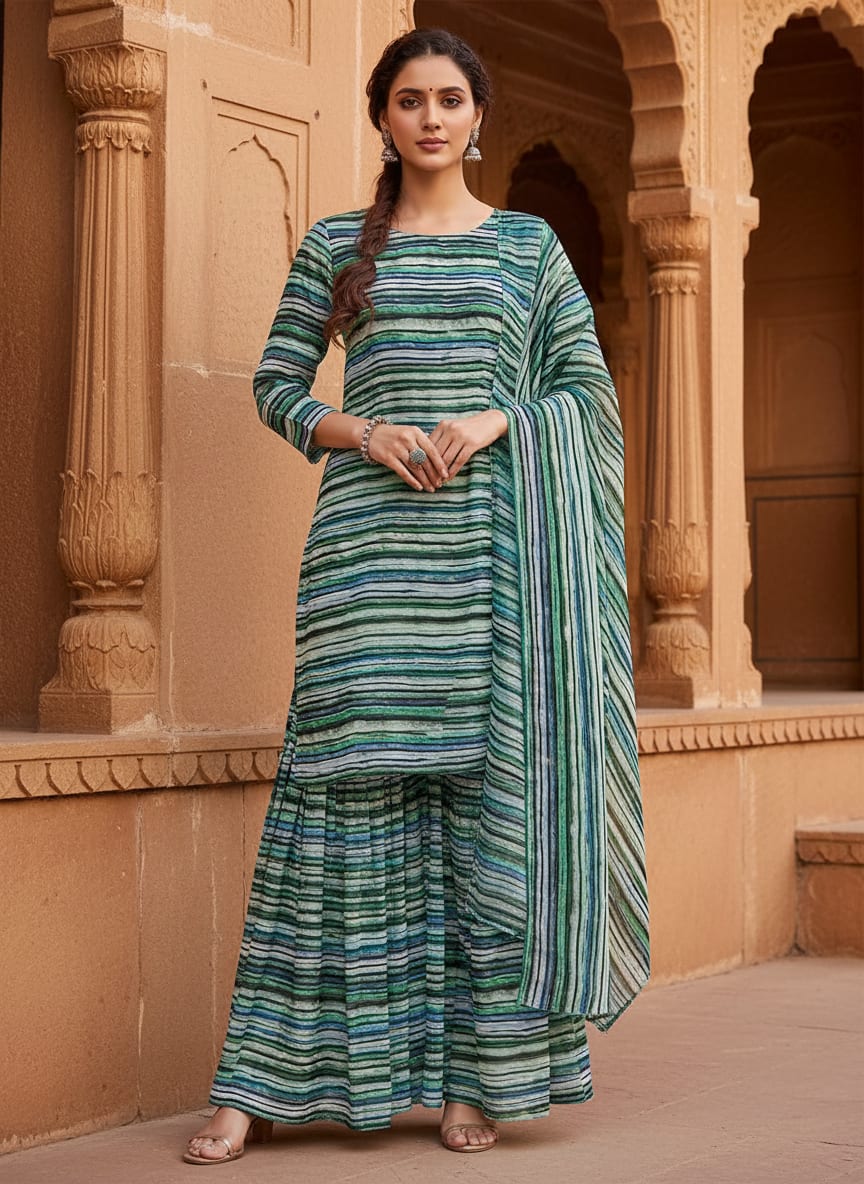 Multicolor Abstract Wavy Stripes Pure Georgette Digital Printed Fabric