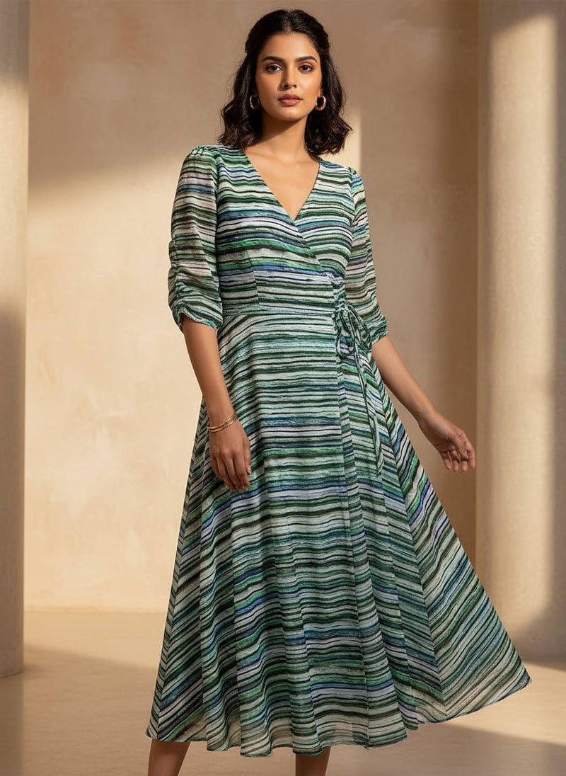 Multicolor Abstract Wavy Stripes Pure Georgette Digital Printed Fabric