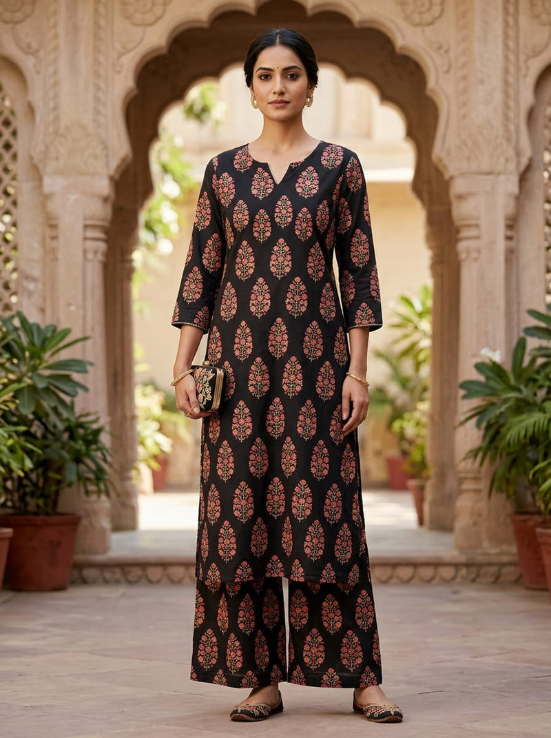 Black Ethnic Floral Buti Muslin Digital Printed Fabric