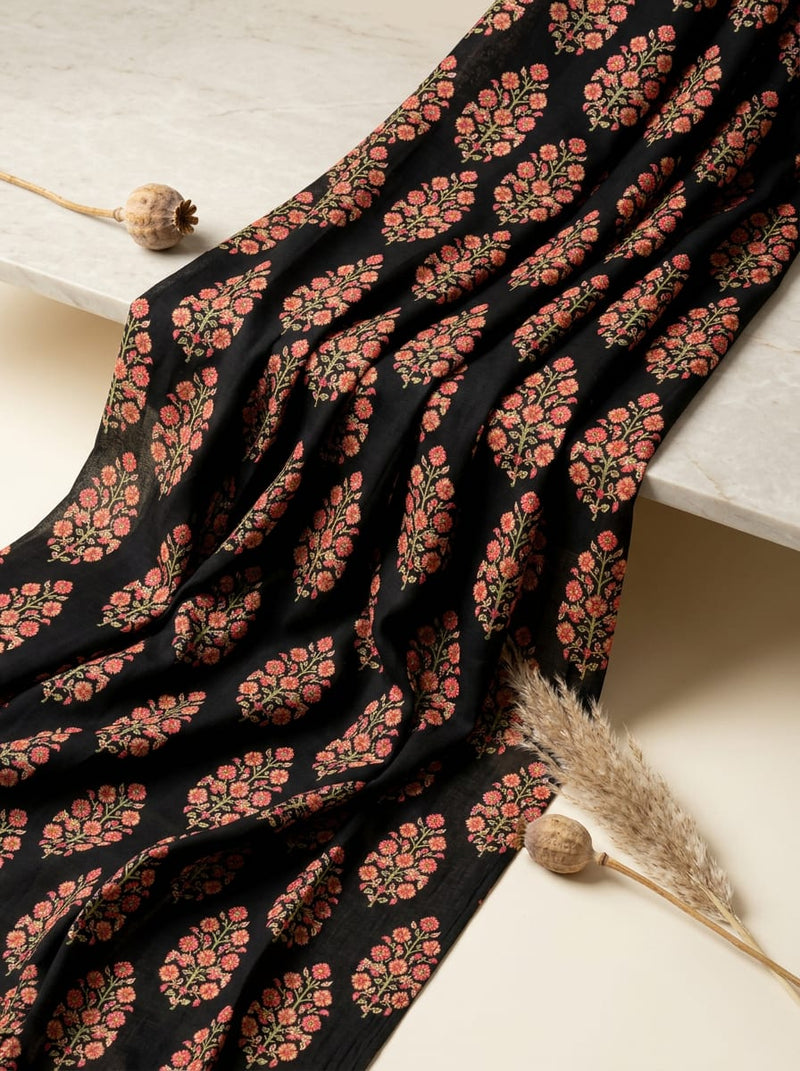 Black Ethnic Floral Buti Muslin Digital Printed Fabric